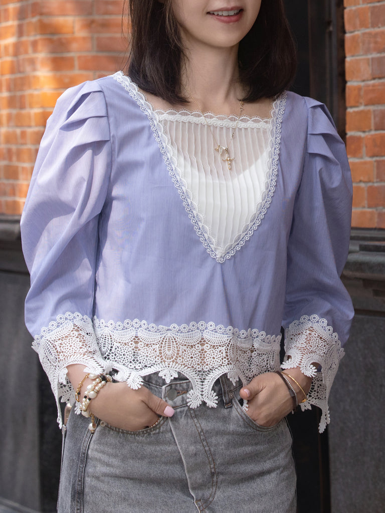 Blue Pinstripe Pleated Yoke Lace Trim Blouse