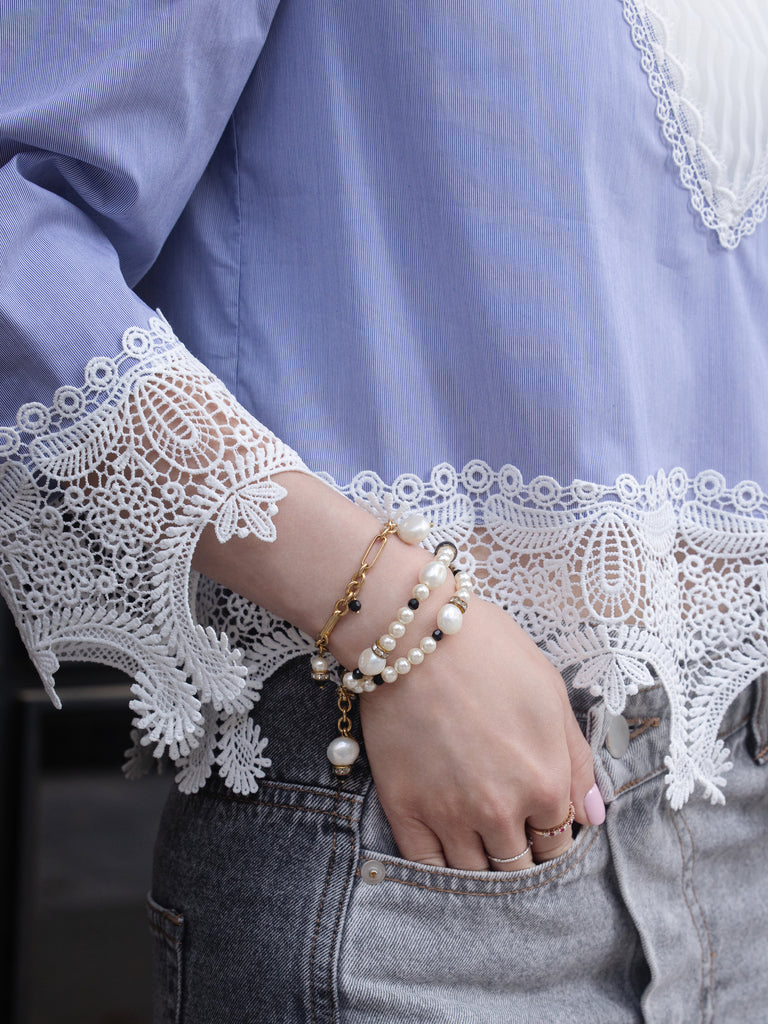 Blue Pinstripe Pleated Yoke Lace Trim Blouse