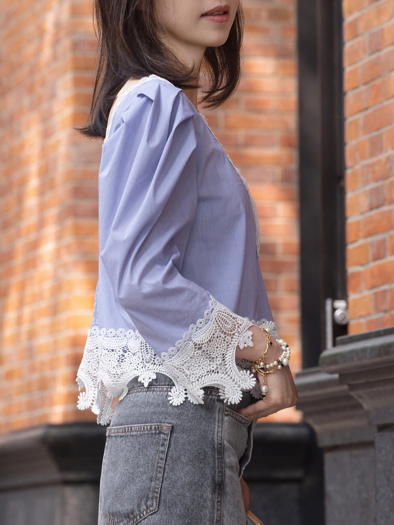Blue Pinstripe Pleated Yoke Lace Trim Blouse
