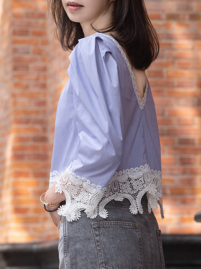 Blue Pinstripe Pleated Yoke Lace Trim Blouse