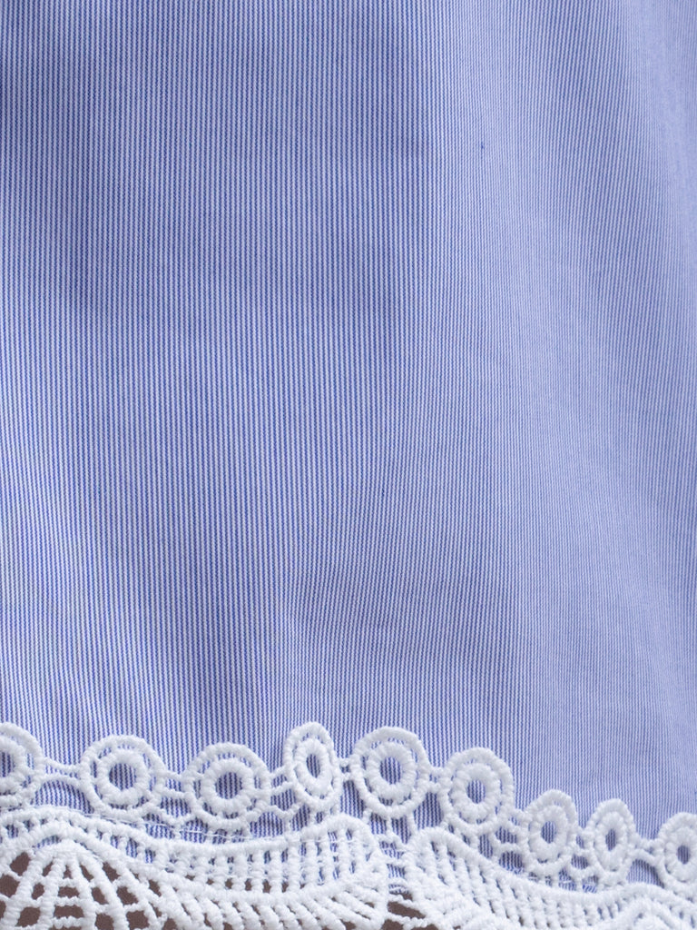 Blue Pinstripe Pleated Yoke Lace Trim Blouse