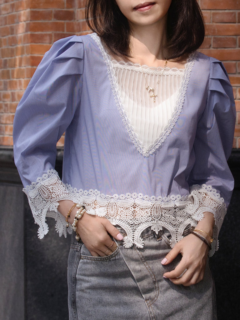 Blue Pinstripe Pleated Yoke Lace Trim Blouse