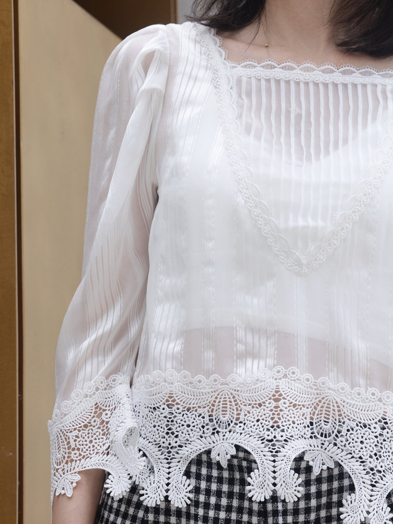 White Tonal Stripe Pleated Yoke Lace Trim Blouse