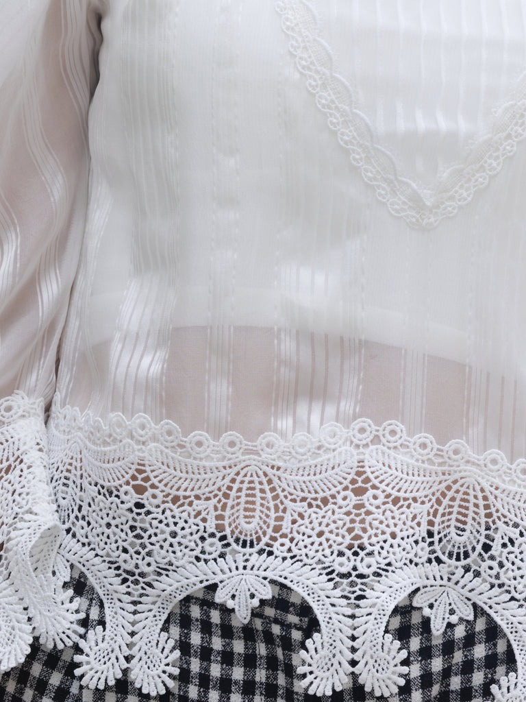 White Tonal Stripe Pleated Yoke Lace Trim Blouse