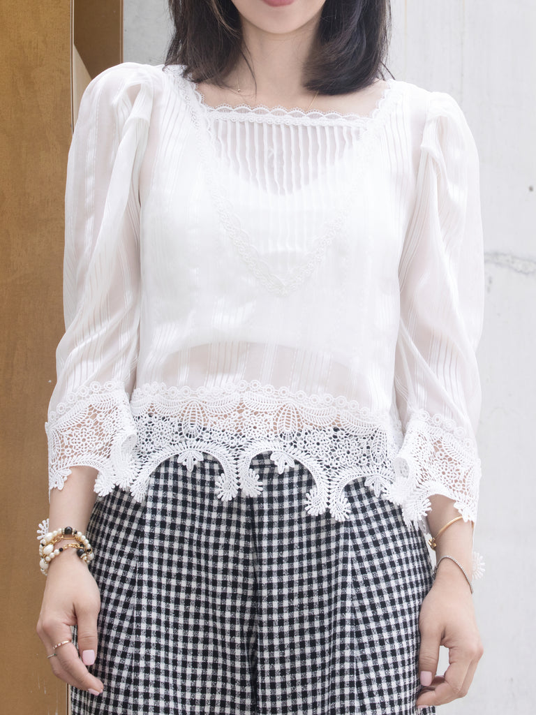 White Tonal Stripe Pleated Yoke Lace Trim Blouse