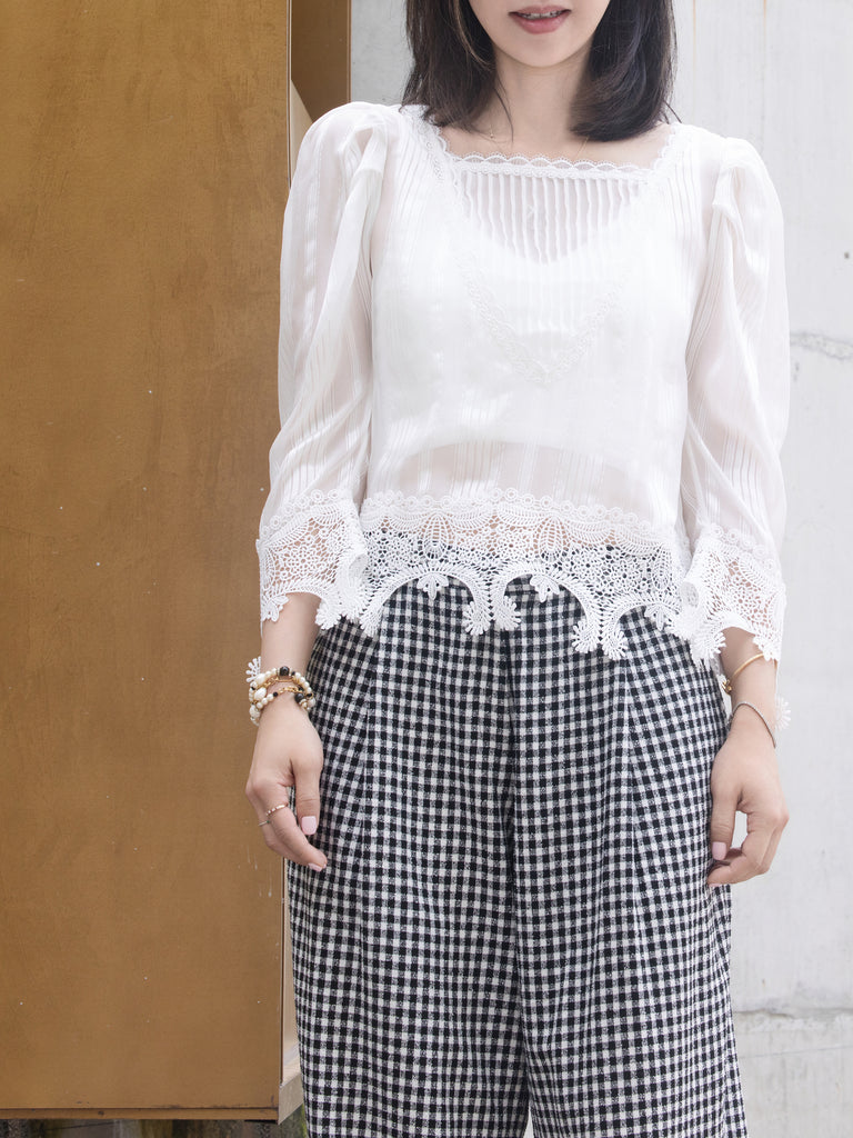 White Tonal Stripe Pleated Yoke Lace Trim Blouse