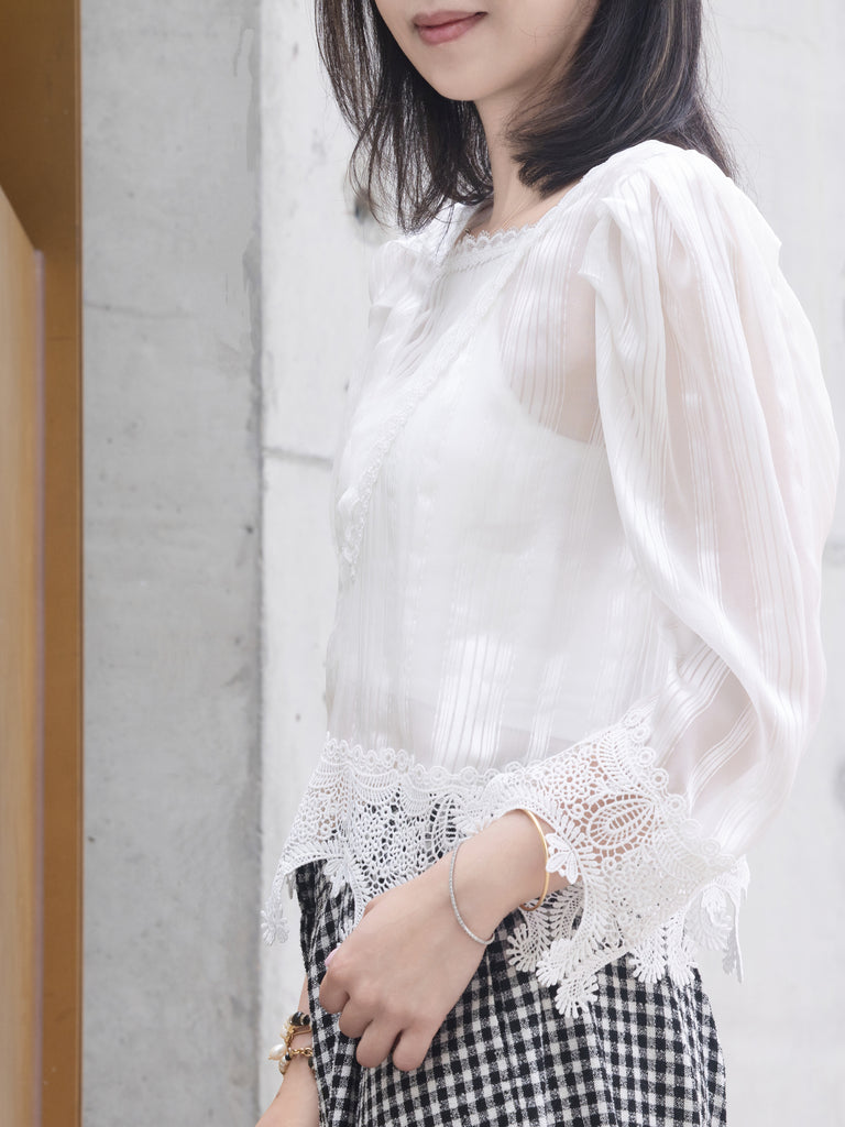 White Tonal Stripe Pleated Yoke Lace Trim Blouse