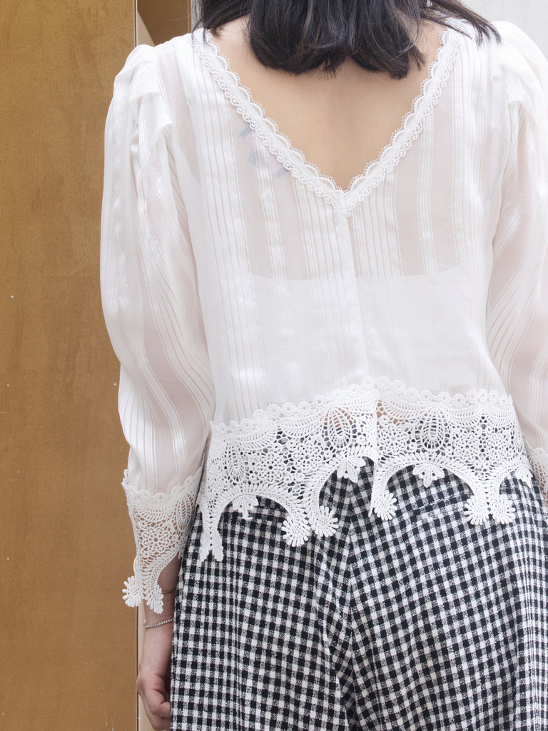 White Tonal Stripe Pleated Yoke Lace Trim Blouse
