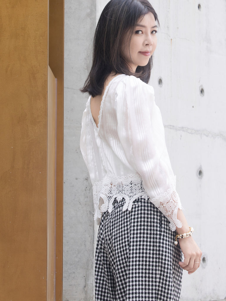 White Tonal Stripe Pleated Yoke Lace Trim Blouse