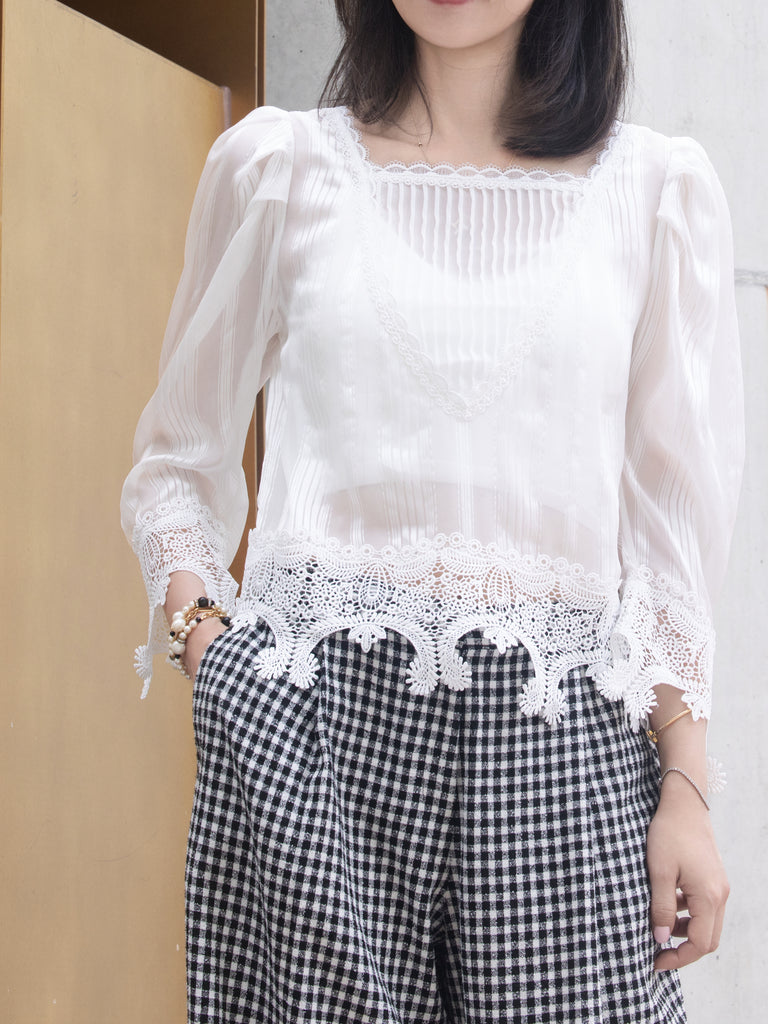 White Tonal Stripe Pleated Yoke Lace Trim Blouse