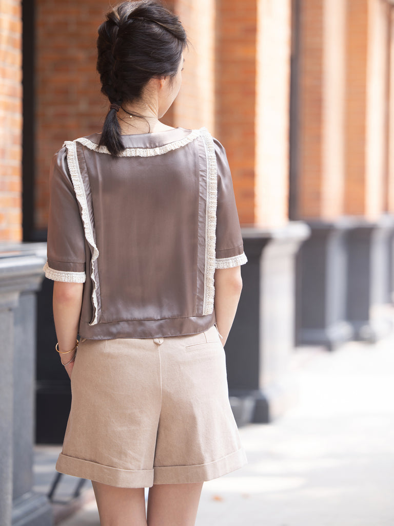 Pale Ecru Pleated Front Scarf Belted High Waist Shorts