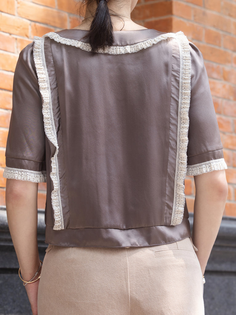 Warm Grey Ruffle Lace Detail Button-Front Collared Blouse