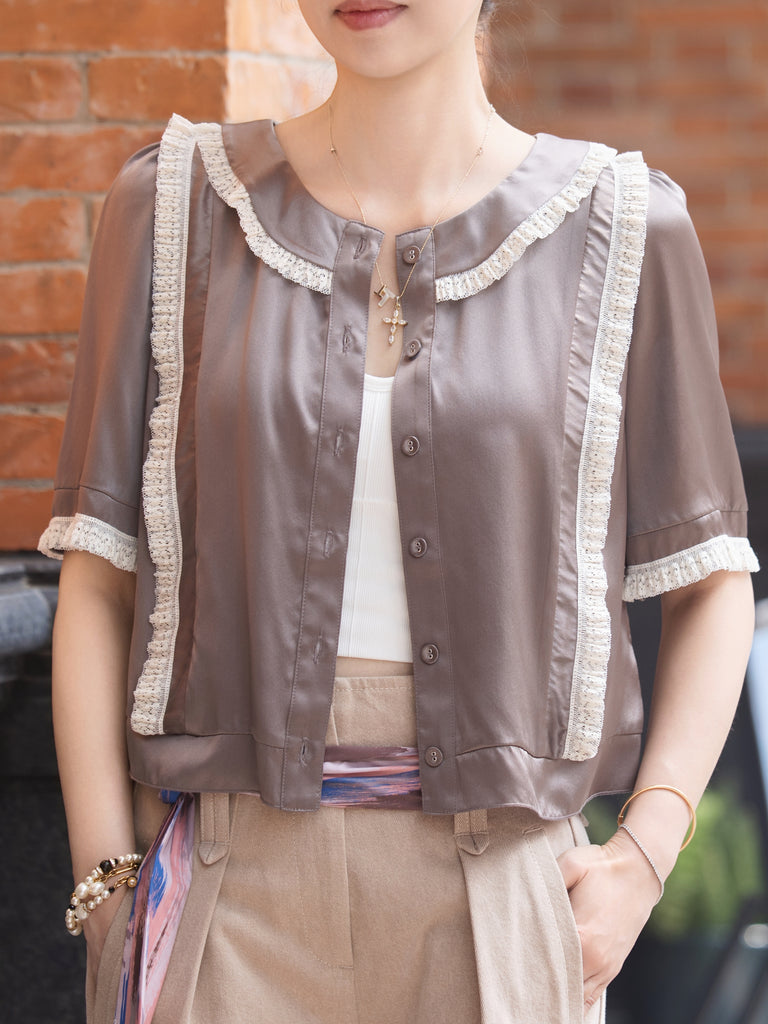 Warm Grey Ruffle Lace Detail Button-Front Collared Blouse