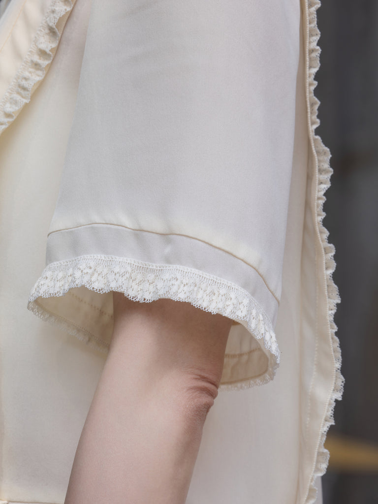 White Ruffle Lace Detail Button-Front Collared Blouse