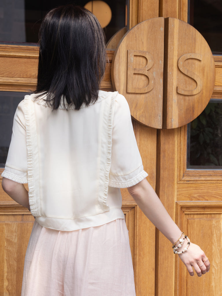 White Ruffle Lace Detail Button-Front Collared Blouse