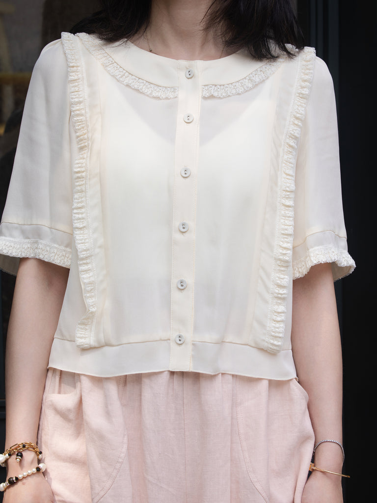 White Ruffle Lace Detail Button-Front Collared Blouse