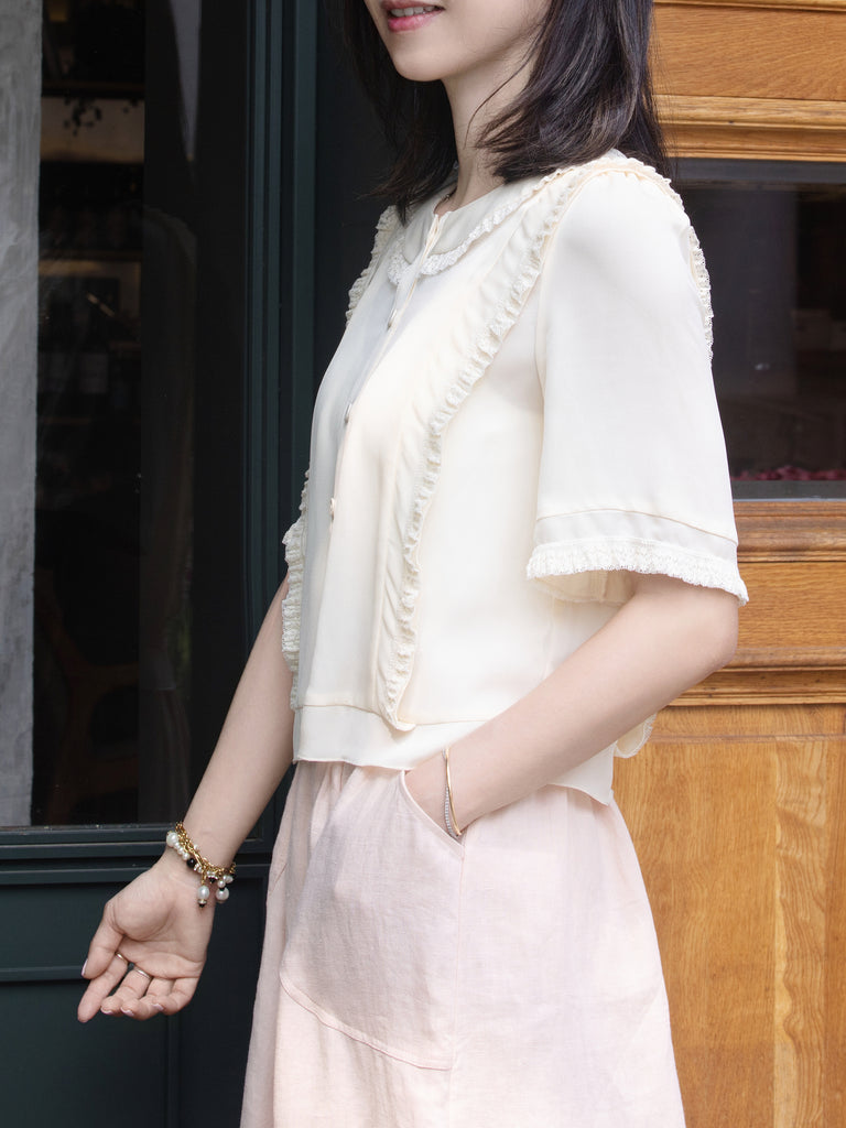 White Ruffle Lace Detail Button-Front Collared Blouse