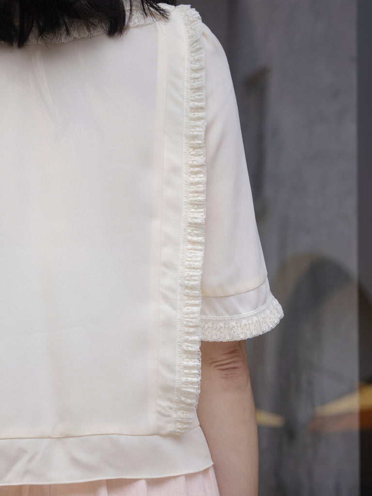 White Ruffle Lace Detail Button-Front Collared Blouse