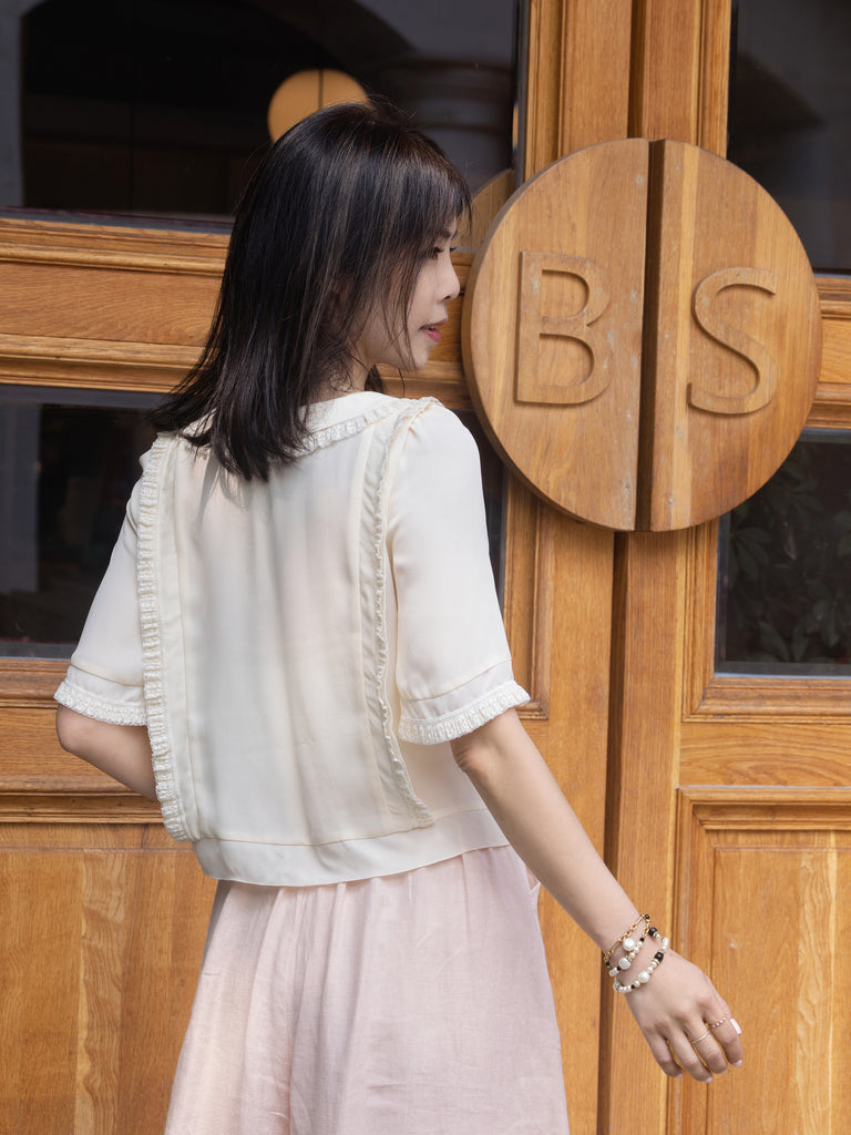 White Ruffle Lace Detail Button-Front Collared Blouse