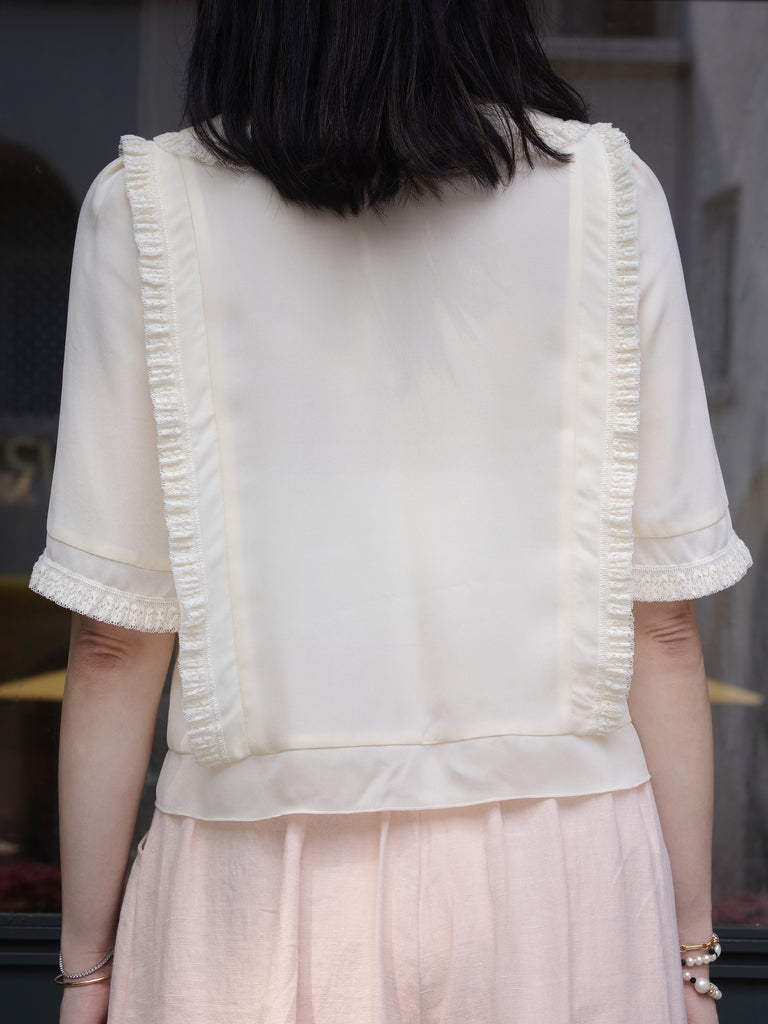 White Ruffle Lace Detail Button-Front Collared Blouse