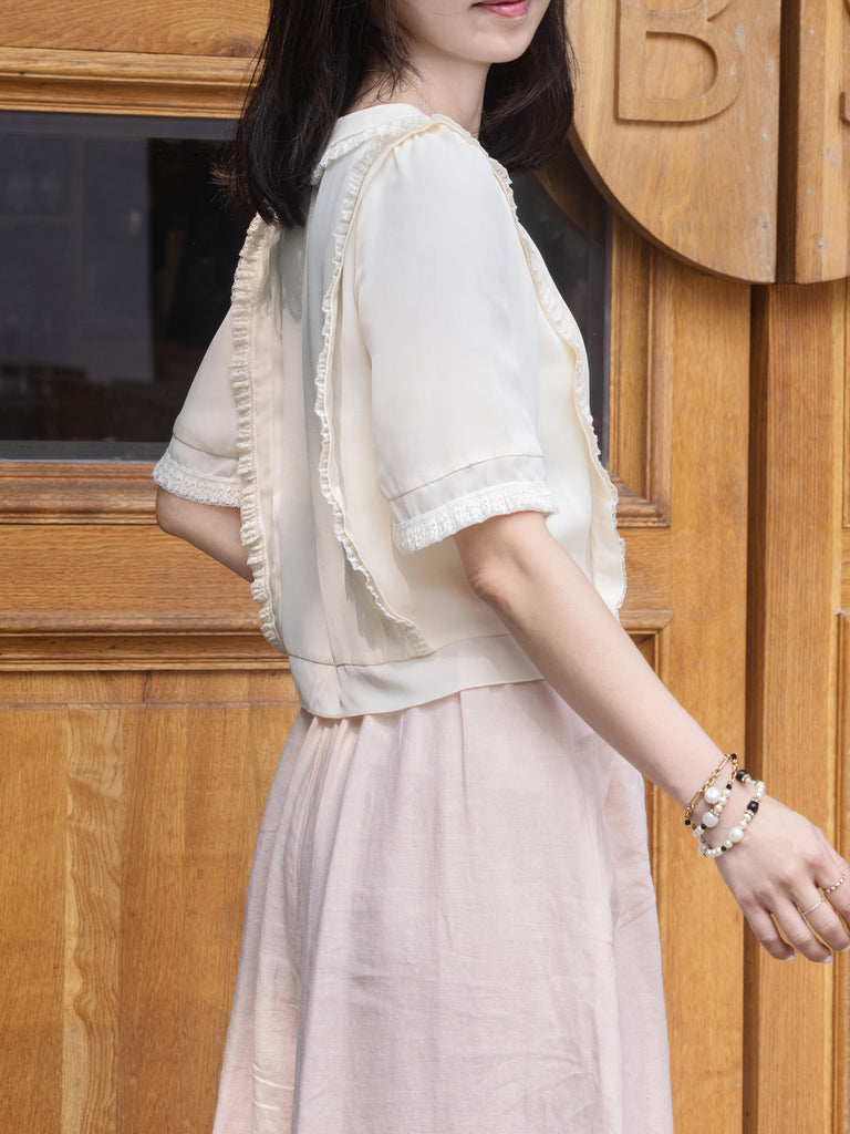 White Ruffle Lace Detail Button-Front Collared Blouse