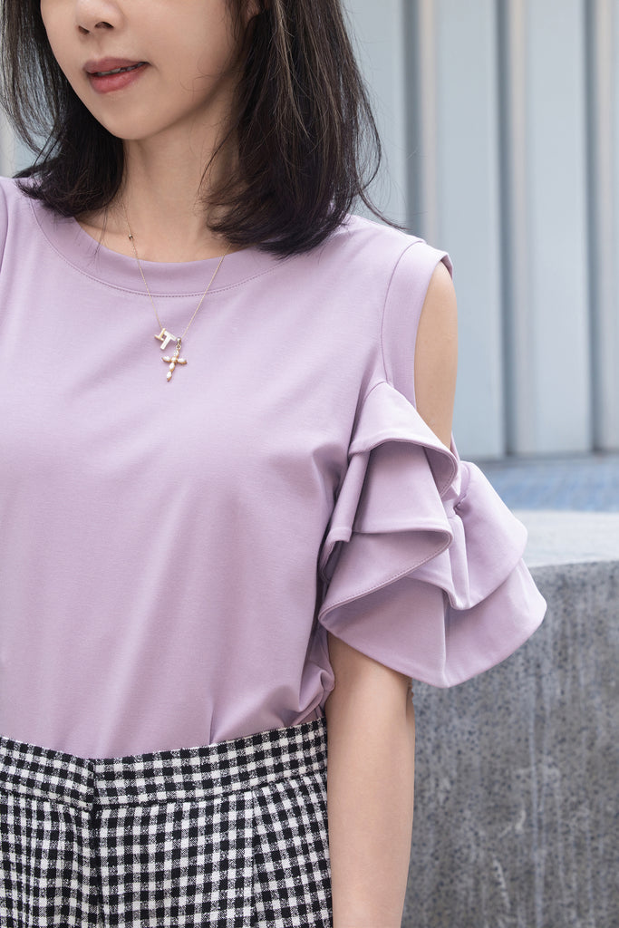 Lilac Jersey Cold-Shoulder Layered Ruffle Sleeve Top