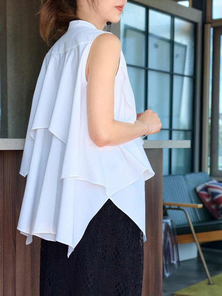 White Pure Cotton Cascading Ruffle Sleeveless Longline Blouse