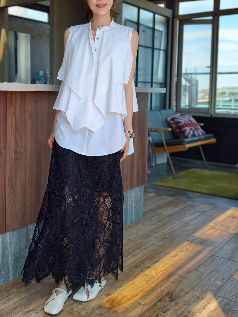 Black Geo Eyelash Lace Panel Side Slit Maxi Skirt