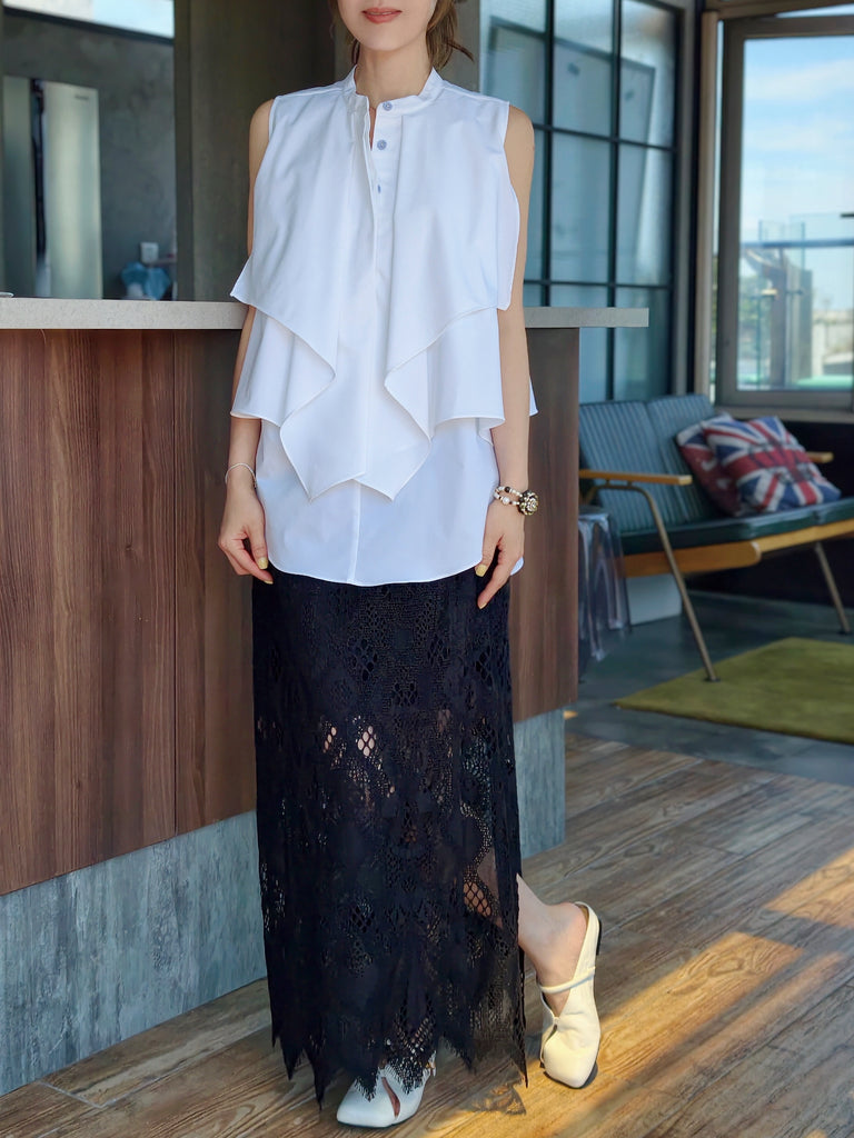 White Pure Cotton Cascading Ruffle Sleeveless Longline Blouse