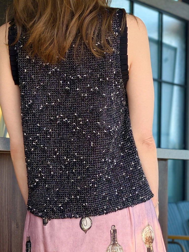 Onyx Lustre Weave Silk-Trim Layered Textured Sleeveless Top