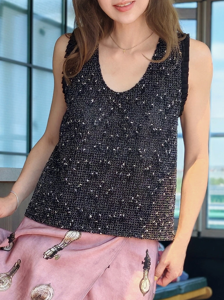 Onyx Lustre Weave Silk-Trim Layered Textured Sleeveless Top
