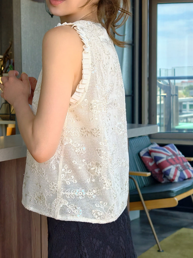 Champagne Lustre Weave Silk-Trim Layered Textured Sleeveless Top
