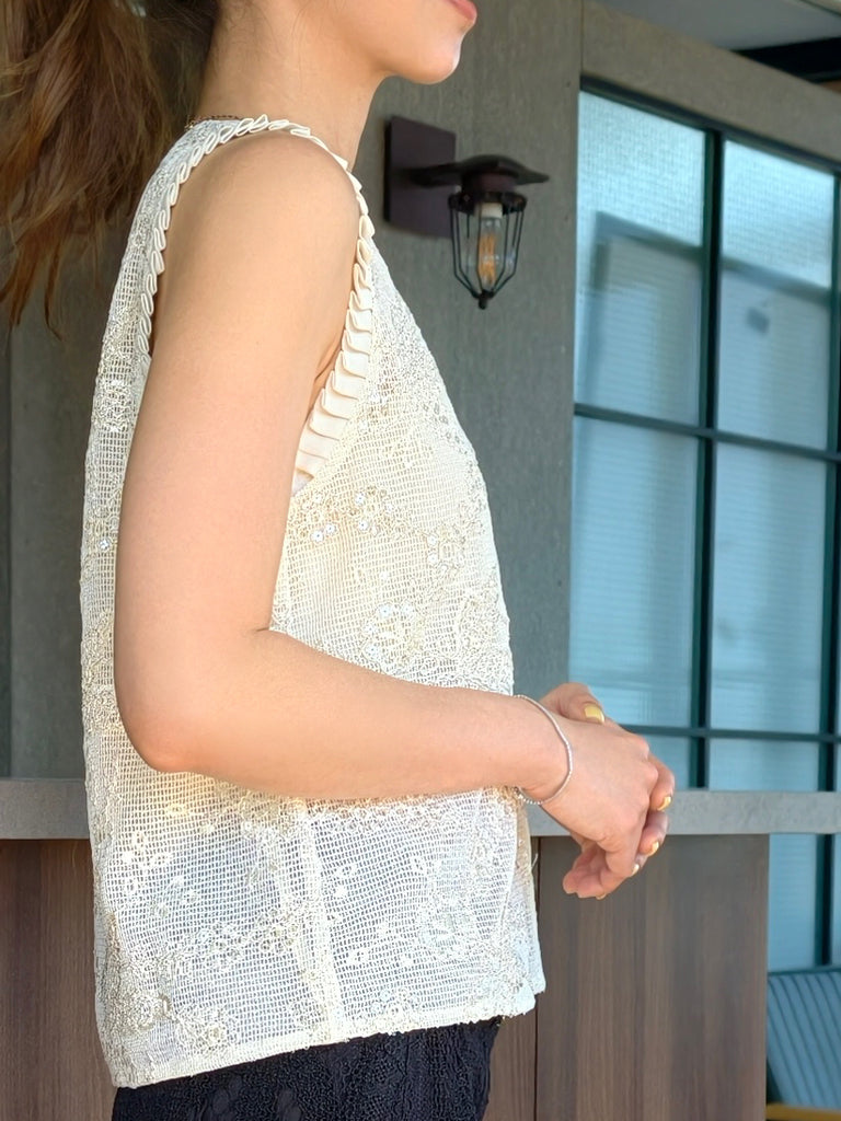 Champagne Lustre Weave Silk-Trim Layered Textured Sleeveless Top