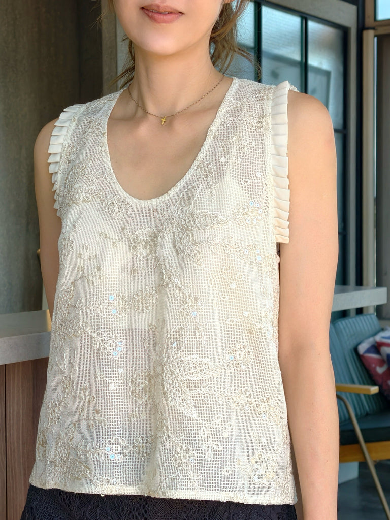 Champagne Lustre Weave Silk-Trim Layered Textured Sleeveless Top