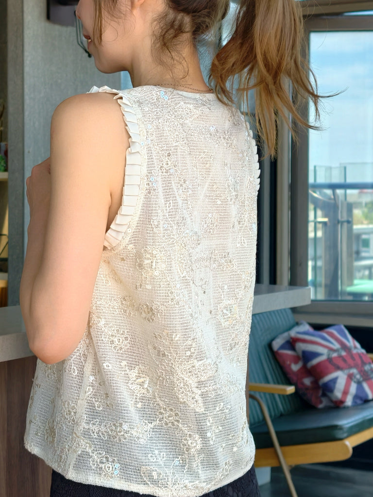 Champagne Lustre Weave Silk-Trim Layered Textured Sleeveless Top
