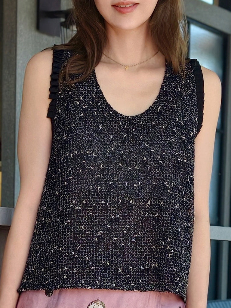 Onyx Lustre Weave Silk-Trim Layered Textured Sleeveless Top