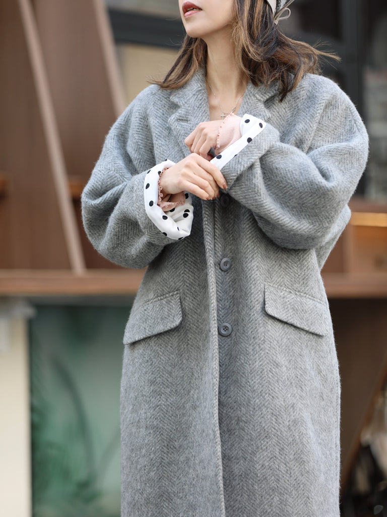 Pastel Grey Pure Wool Oversized Button Front Coat
