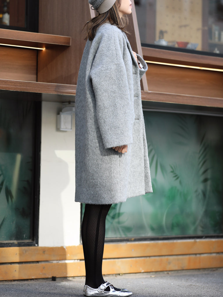 Pastel Grey Pure Wool Oversized Button Front Coat