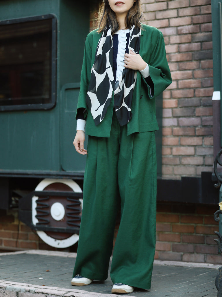Forest Green Pure Linen Cocoon Jacket w/Patterned Silk Scarf