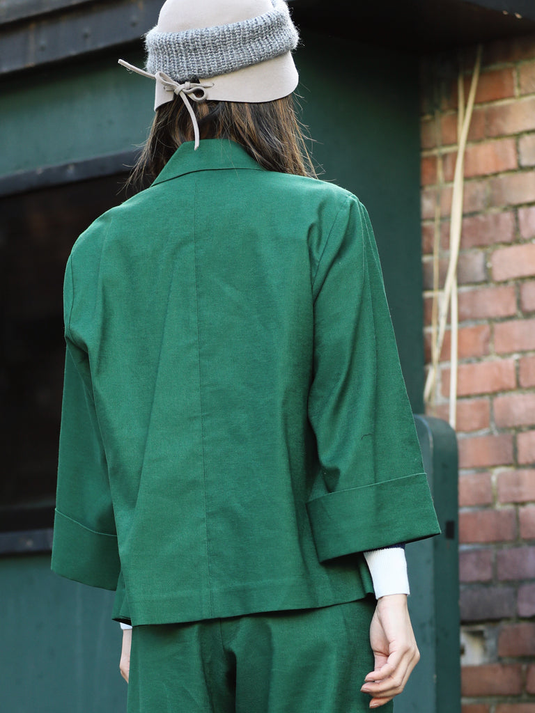 Forest Green Pure Linen Cocoon Jacket w/Patterned Silk Scarf