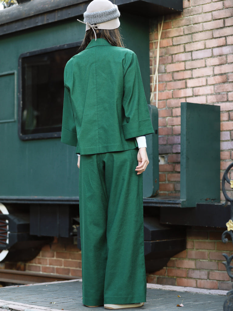 Forest Green Pure Linen Cocoon Jacket w/Patterned Silk Scarf