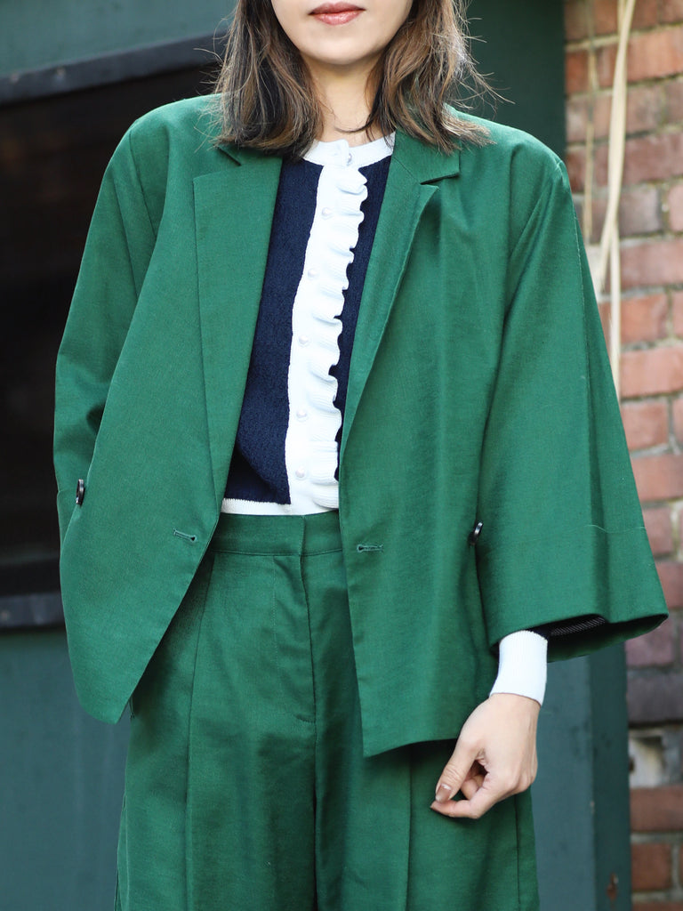 Forest Green Pure Linen Cocoon Jacket w/Patterned Silk Scarf