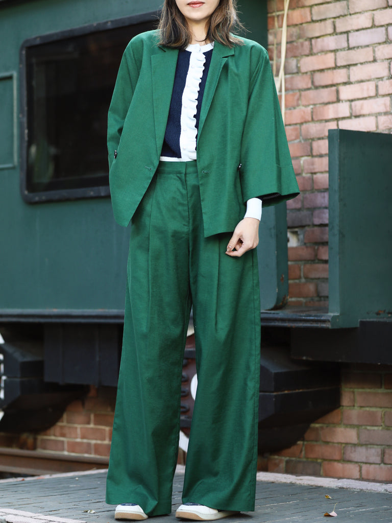 Forest Green Pure Linen Cocoon Jacket w/Patterned Silk Scarf