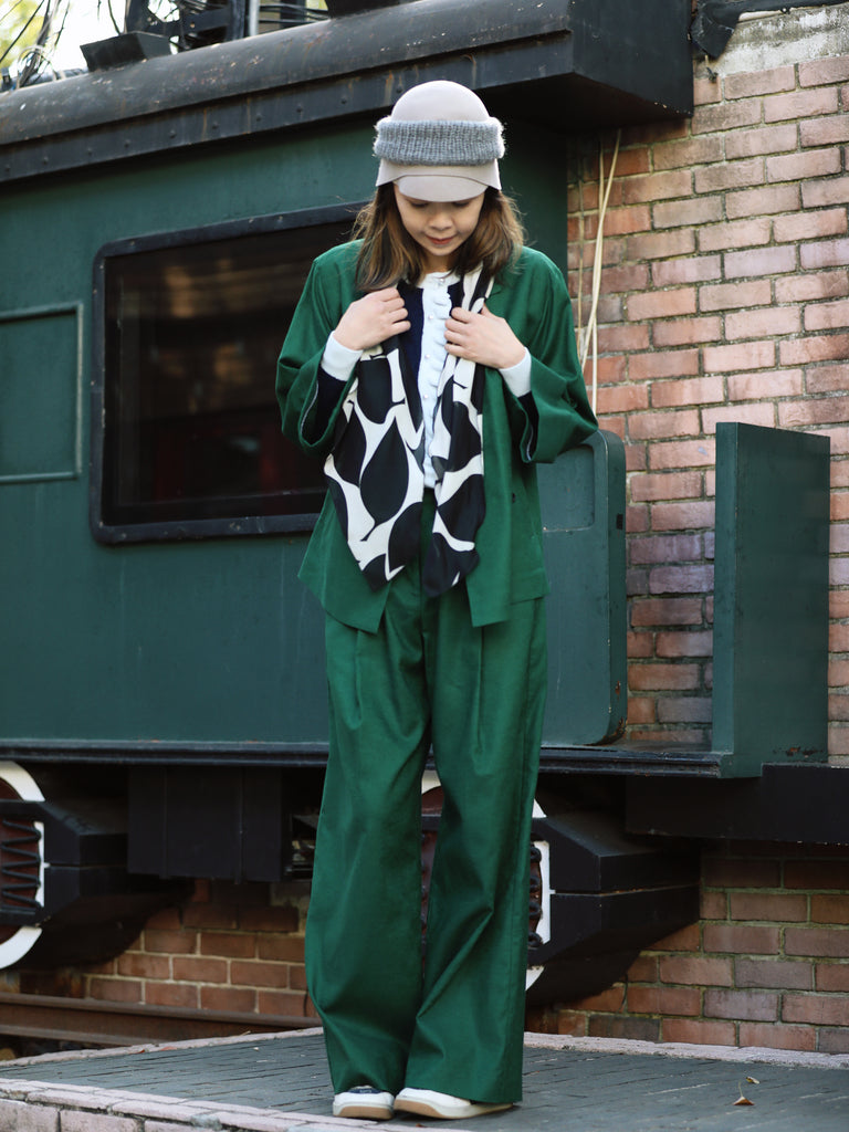 Forest Green Pure Linen Cocoon Jacket w/Patterned Silk Scarf