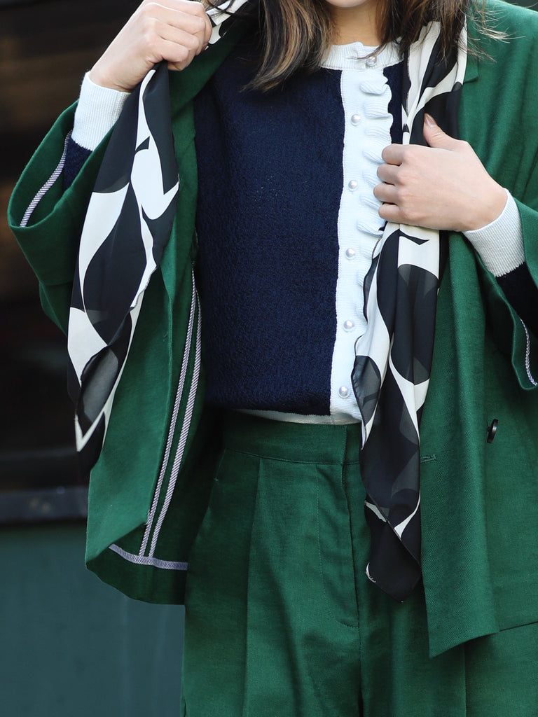 Forest Green Pure Linen Cocoon Jacket w/Patterned Silk Scarf