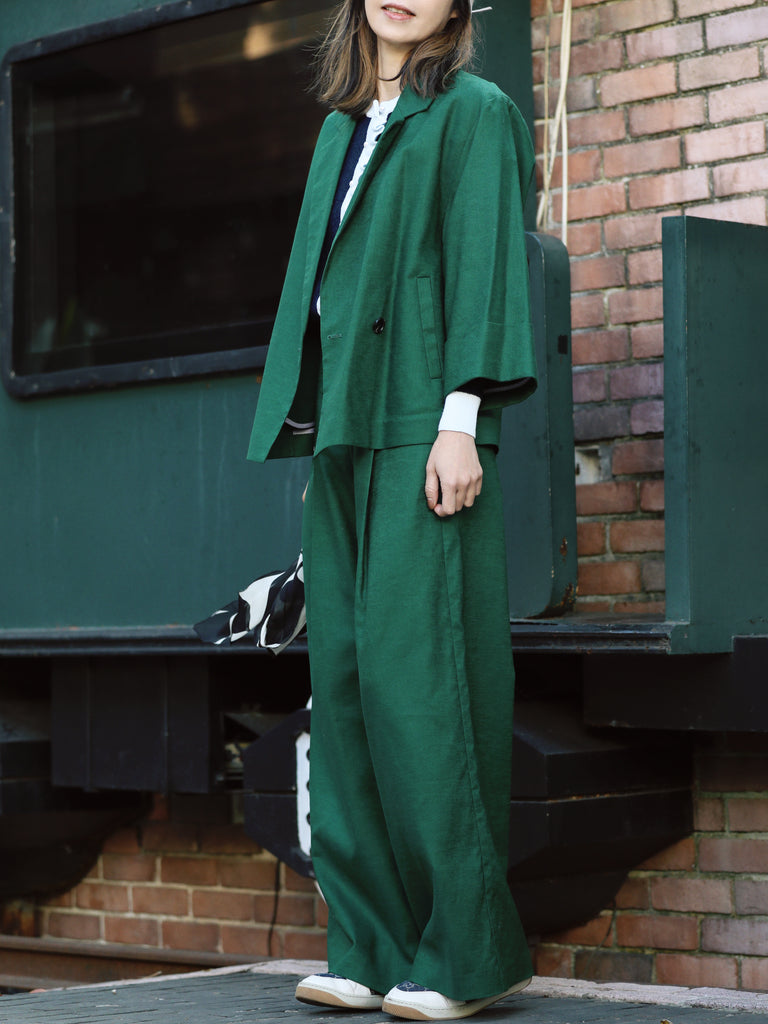 Forest Green Pure Linen Cocoon Jacket w/Patterned Silk Scarf