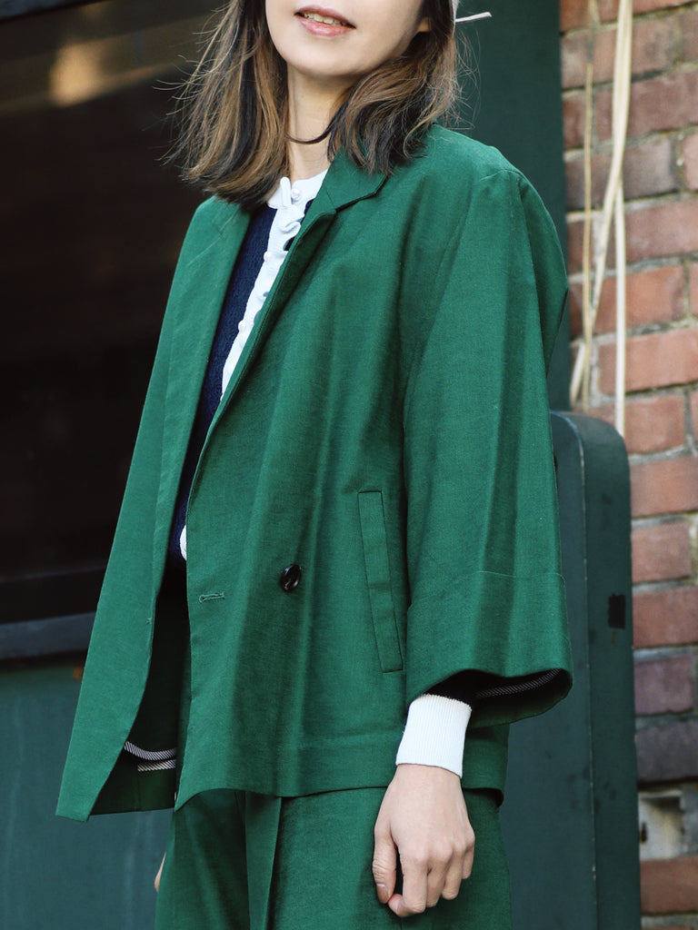 Forest Green Pure Linen Cocoon Jacket w/Patterned Silk Scarf