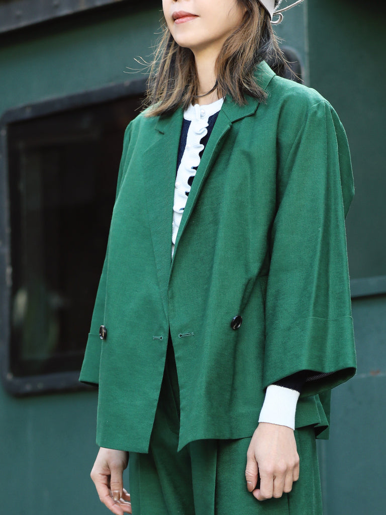 Forest Green Pure Linen Cocoon Jacket w/Patterned Silk Scarf