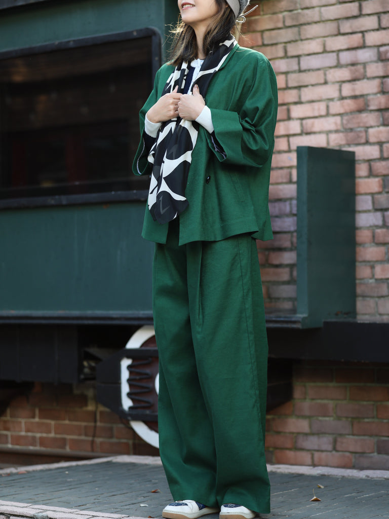Forest Green Pure Linen Cocoon Jacket w/Patterned Silk Scarf
