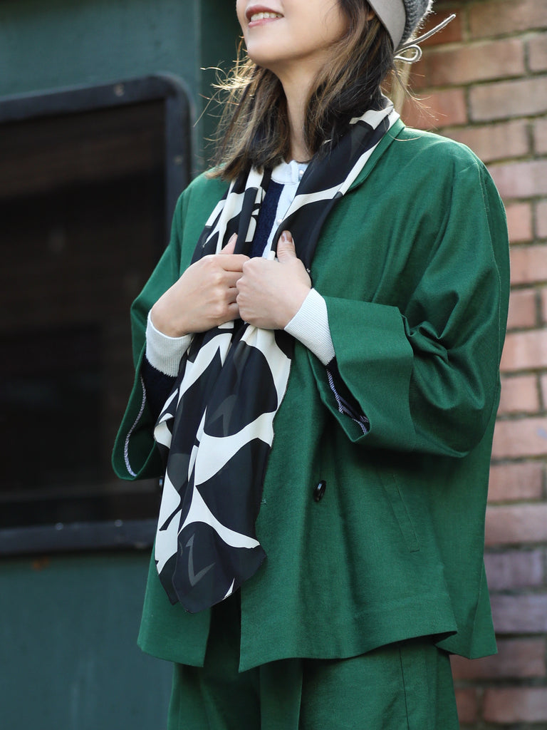 Forest Green Pure Linen Cocoon Jacket w/Patterned Silk Scarf
